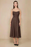 Front view of the LVLVS Alina chocolate brown midi dress, showing the draped neckline, thin shoulder straps and flowing flared skirt.