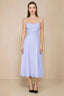 Front view of the LVLVS Alina lavender midi dress, showing the draped neckline, thin shoulder straps and flowing flared skirt.