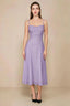 Front view of the LVLVS Alina lilac midi dress, showing the draped neckline, thin shoulder straps and flowing flared skirt.