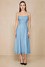 Front view of the LVLVS Alina powder blue midi dress, showing the draped neckline, thin shoulder straps and flowing flared skirt.
