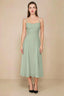 Front view of the LVLVS Alina sage green midi dress, showing the draped neckline, thin shoulder straps and flowing flared skirt.
