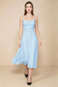 Front view of the LVLVS Alina sky blue midi dress, showing the draped neckline, thin shoulder straps and flowing flared skirt.