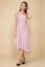 Front view of the LVLVS Alma candy pink midi dress, showing the asymmetric neckline, draped neck scarf and flowing uneven hem.