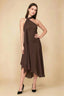 Front view of the LVLVS Alma chocolate midi dress, showing the asymmetric neckline, draped neck scarf and flowing uneven hem.