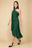Front view of the LVLVS Alma dark green midi dress, showing the asymmetric neckline, draped neck scarf and flowing uneven hem.