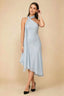 Front view of the LVLVS Alma ice blue midi dress, showing the asymmetric neckline, draped neck scarf and flowing uneven hem.