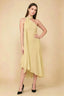 Front view of the LVLVS Alma lemon midi dress, showing the asymmetric neckline, draped neck scarf and flowing uneven hem.