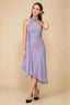 Front view of the LVLVS Alma lilac midi dress, showing the asymmetric neckline, draped neck scarf and flowing uneven hem.