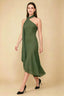 Front view of the LVLVS Alma olive midi dress, showing the asymmetric neckline, draped neck scarf and flowing uneven hem.