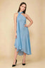 Front view of the LVLVS Alma powder blue midi dress, showing the asymmetric neckline, draped neck scarf and flowing uneven hem.