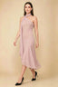 Front view of the LVLVS Alma powder pink midi dress, showing the asymmetric neckline, draped neck scarf and flowing uneven hem.