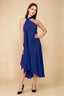 Front view of the LVLVS Alma royal blue midi dress, showing the asymmetric neckline, draped neck scarf and flowing uneven hem.