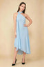 Front view of the LVLVS Alma sky blue midi dress, showing the asymmetric neckline, draped neck scarf and flowing uneven hem.