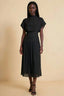 Front view of the LVLVS Alva black midi dress, showing the high draped neckline, short sleeves and wide fitted waist panel.