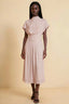 Front view of the LVLVS Alva blush midi dress, showing the high draped neckline, short sleeves and wide fitted waist panel.