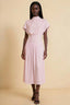Front view of the LVLVS Alva candy pink midi dress, showing the high draped neckline, short sleeves and wide fitted waist panel.