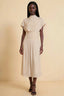 Front view of the LVLVS Alva champagne midi dress, showing the high draped neckline, short sleeves and wide fitted waist panel.