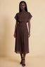 Front view of the LVLVS Alva chocolate brown midi dress, showing the high draped neckline, short sleeves and wide fitted waist panel.