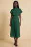 Front view of the LVLVS Alva dark green midi dress, showing the high draped neckline, short sleeves and wide fitted waist panel.