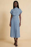 Front view of the LVLVS Alva dusty blue midi dress, showing the high draped neckline, short sleeves and wide fitted waist panel.