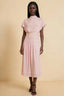 Front view of the LVLVS Alva dusty rose midi dress, showing the high draped neckline, short sleeves and wide fitted waist panel.