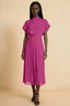 Front view of the LVLVS Alva fuchsia midi dress, showing the high draped neckline, short sleeves and wide fitted waist panel.