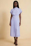 Front view of the LVLVS Alva lavender midi dress, showing the high draped neckline, short sleeves and wide fitted waist panel.