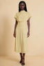 Front view of the LVLVS Alva lemon midi dress, showing the high draped neckline, short sleeves and wide fitted waist panel.