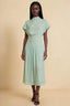 Front view of the LVLVS Alva light green midi dress, showing the high draped neckline, short sleeves and wide fitted waist panel.
