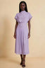 Front view of the LVLVS Alva lilac midi dress, showing the high draped neckline, short sleeves and wide fitted waist panel.