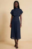 Front view of the LVLVS Alva navy midi dress, showing the high draped neckline, short sleeves and wide fitted waist panel.