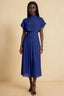 Front view of the LVLVS Alva royal blue midi dress, showing the high draped neckline, short sleeves and wide fitted waist panel.