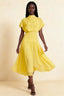 Front view of the LVLVS Alva yellow midi dress, showing the high draped neckline, short sleeves and wide fitted waist panel.