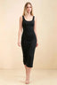 Front view of the LVLVS Alvina black midi dress, showing the scoop neckline, wide straps and fitted bodycon silhouette.