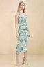 Front view of the LVLVS Alvina blue floral midi dress, showing the scoop neckline, wide straps and fitted bodycon silhouette.