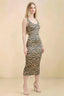 Front view of the LVLVS Alvina brown leopard print midi dress, showing the scoop neckline, wide straps and fitted bodycon silhouette.