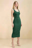 Front view of the LVLVS Alvina dark green midi dress, showing the scoop neckline, wide straps and fitted bodycon silhouette.