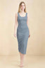 Front view of the LVLVS Alvina dusty blue midi dress, showing the scoop neckline, wide straps and fitted bodycon silhouette.