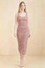 Front view of the LVLVS Alvina dusty rose midi dress, showing the scoop neckline, wide straps and fitted bodycon silhouette.
