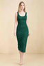 Front view of the LVLVS Alvina emerald green midi dress, showing the scoop neckline, wide straps and fitted bodycon silhouette.
