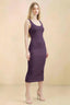 Front view of the LVLVS Alvina grape midi dress, showing the scoop neckline, wide straps and fitted bodycon silhouette.