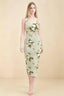 Front view of the LVLVS Alvina green floral midi dress, showing the scoop neckline, wide straps and fitted bodycon silhouette.