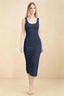 Front view of the LVLVS Alvina navy midi dress, showing the scoop neckline, wide straps and fitted bodycon silhouette.
