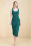 Front view of the LVLVS Alvina peacock midi dress, showing the scoop neckline, wide straps and fitted bodycon silhouette.