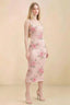 Front view of the LVLVS Alvina pink floral midi dress, showing the scoop neckline, wide straps and fitted bodycon silhouette.