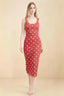 Front view of the LVLVS Alvina red polka dot midi dress, showing the scoop neckline, wide straps and fitted bodycon silhouette.