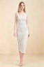 Front view of the LVLVS Alvina white midi dress, showing the scoop neckline, wide straps and fitted bodycon silhouette.