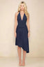 Amalia Navy Halter Asymmetric Hem Slinky Midi Dress