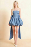 Annie Dusty Blue Satin Corset Bow Mini Dress with Bubble Hems