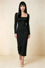 Antoinette Black Square Neck Long Sleeve Bodycon Midi Dress